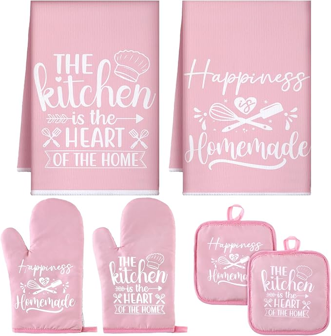 Sratte 6 Pcs Kitchen Decor Accessories Set, Kitchen, Pink | Farmhouse Kitchen Towels Pot Holders Oven Mitts Set 2 Dish Towels 2 Potholders 2 Cooking Mittens for Baking Cooking Supply
