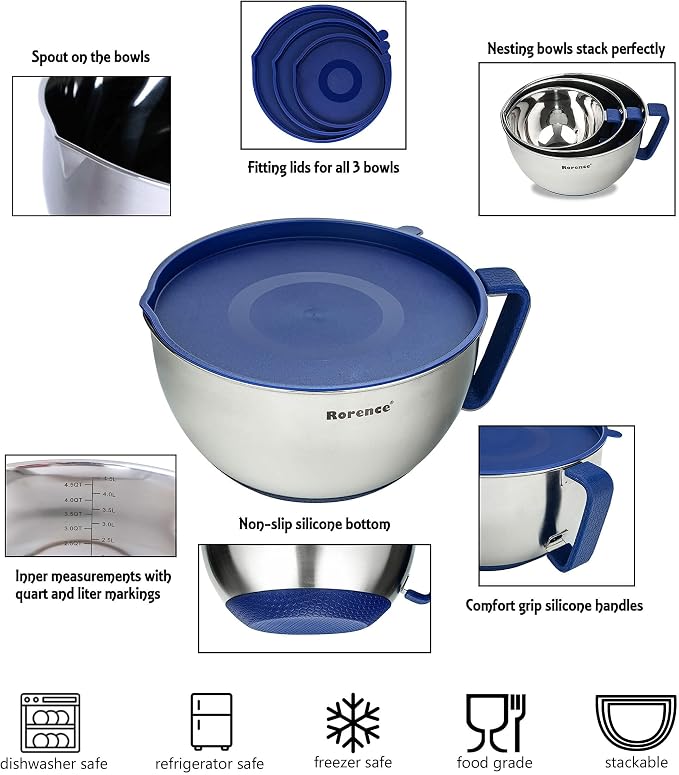 Stainless Steel Mixing Bowls Set with Lids,1.5,3 & 5 Qt,Blue | Non-Slip Silicone Base,Precision Pour Spout,Ergonomic Easy-Grip Handle,Measurement Marks,Airtight Lids,Cooking & Meal Prep