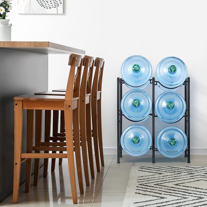 LIANTRAL 5 Gallon Water Bottle Holder, 3 Tiers Black Double Row Water Rack | Heavy Duty Water Cooler Jug Rack with 6 Slots for Home Kitchen
