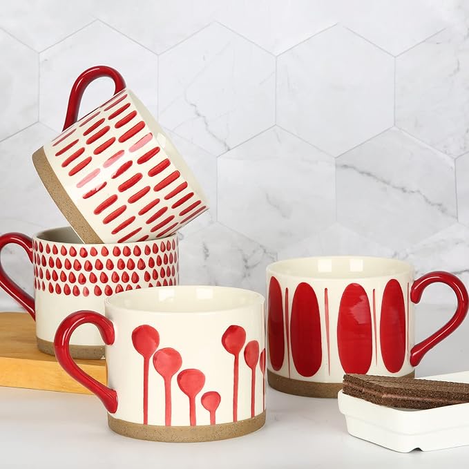 Koja Colorful Hand Painted Ceramic Mugs, 16 oz, Set of 4, Dishwasher Safe | Also microwave safe. Colorful hand painted set makes a great gift for coffee or tea lovers.