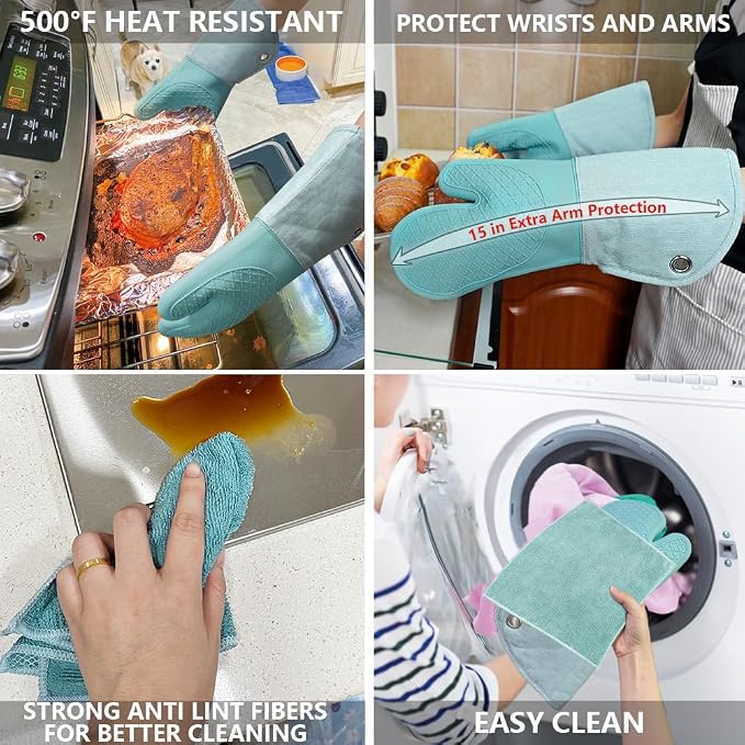 Professional Microwave Silicone Oven Mitts one Pair, Kitchen Mitten Set | Heat Resistant with 500 Degrees Oven Gloves Pot Holder for BBQ Cooking Baking (Light Blue)