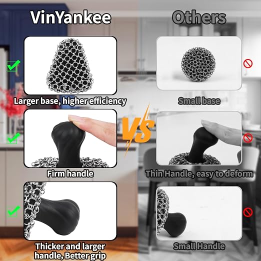 Cast Iron Scrubber with Handle 316 Dish Cast Cleaner Chainmail Scrubber | Pan Skillet Iron Scrub Brush Steel Wool Scrubber Cleaning Kit (1 Scrub + 1 Scraper)