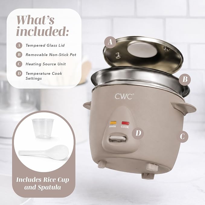COOK WITH COLOR 6 Cup Rice Cooker 300W - Effortless Cooking and Perfectly, Cooks 3 Cups of Raw Rice for 6 Cups of Cooked Rice, Warm Grey