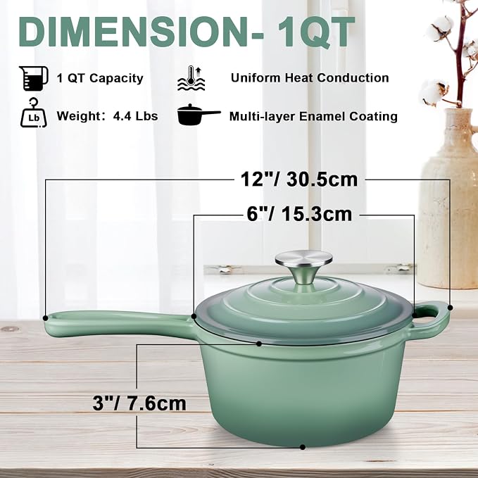 Leonyo 1 Quart Cast Iron Saucepan, Small Dutch Oven Pan, Pistachio Green | For All Kitchen Cooktops Cooking Pasta, Soup, Egg, Up to 500°F & 4.4Lbs