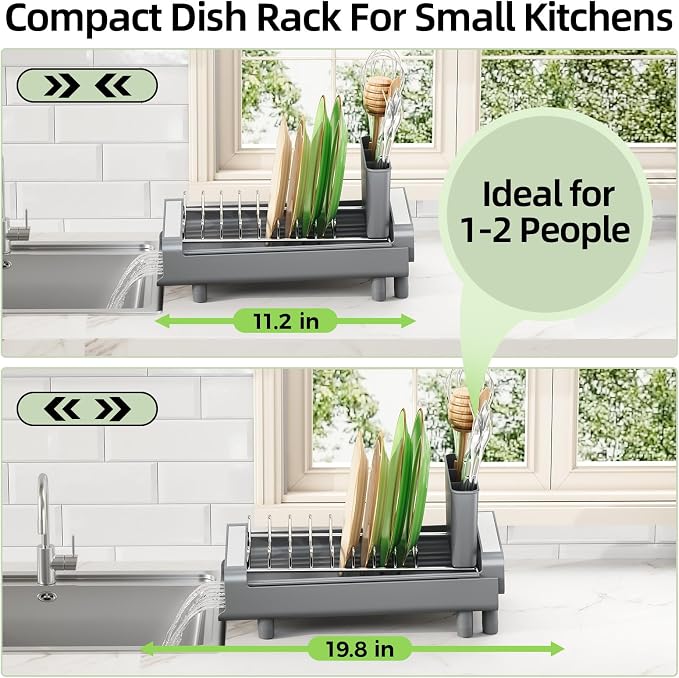 TOOLF Small Dish Drying Rack, Expandable and Space-Saving, Gray | Mini Dish racks for kitchen counter, Compact Design Fits Sink or Counter, Stainless Steel Plate Rack, 11"-19.3"L×7.7"W×3.54"H