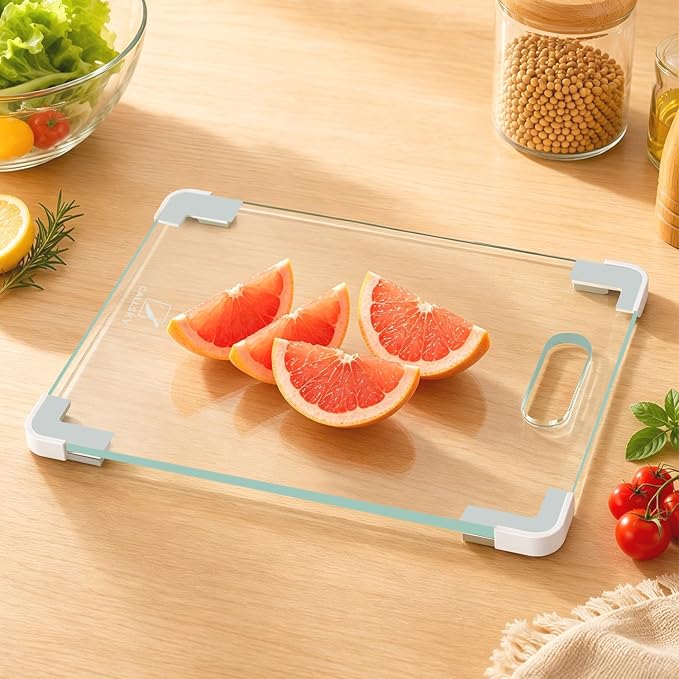 12x8 Clear Tempered Glass Small Cutting Board for Kitchen Countertop | Non-Slip Corner Guards, Shatter-Resistant, Heat Resistant Non-Toxic Board