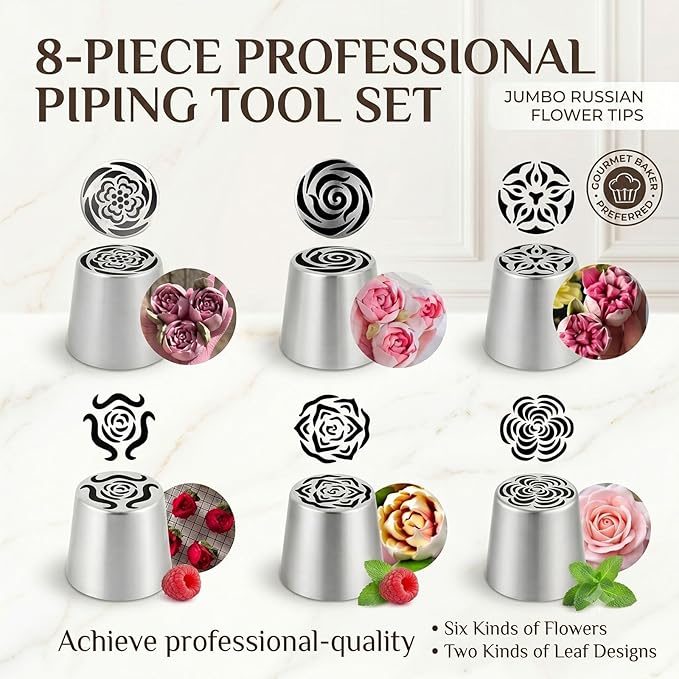 Extra Large Russian Piping Tips, 304 Frosting Tip & Reusable Cotton Bags | XL Rose Floral Piping Nozzles,Cake Flower Decoration, DIY Cream Bouquets, Cookies & Dessert Baking Tools