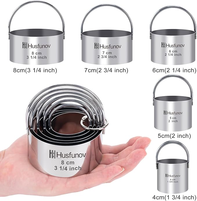 Husfunov Biscuit Cutter Set, Round Cookie Cutters with Handle | 5 Pieces Stainless Steel Circle Professional Baking Dough Tools for Cake