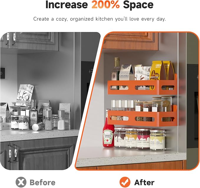 4-Pack Magnetic Spice Rack for Refrigerator with Hooks, Orange | Strong multipurpose magnetic shelf for kitchen & bathroom organization. Includes 4 removable hooks for hanging items.