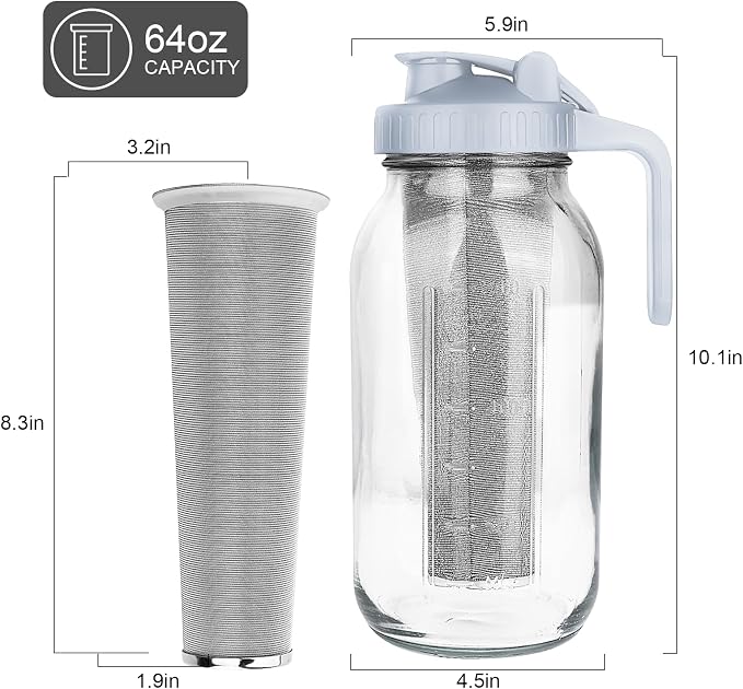 Cold Brew Coffee Maker, 64 oz Mason Jar Pitcher with Stainless Steel Filter, Pour Spout Handle Lid, Heavy Duty Glass Airtight & Leak-Proof for Iced Coffee,Tea & Lemonade