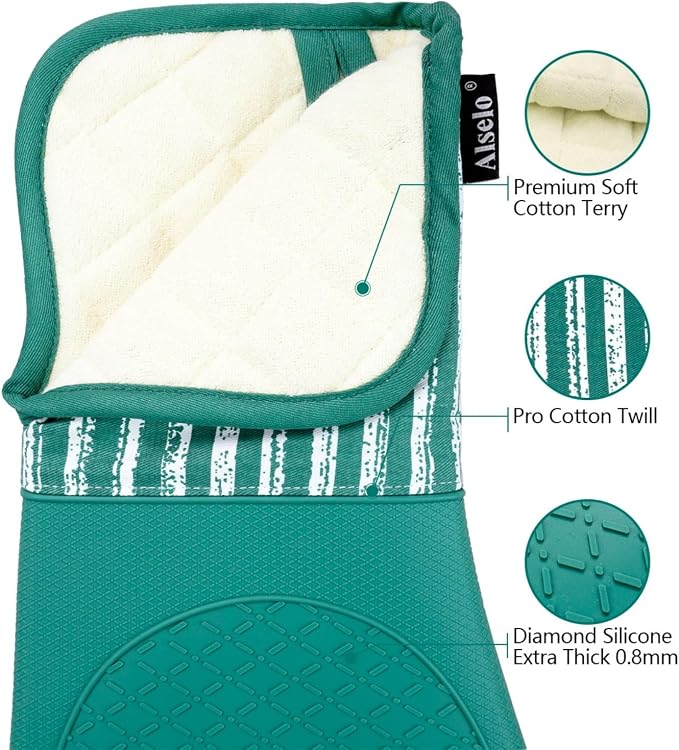 Alselo Silicone Oven Mitts Heat Resistant 932℉ with Waterproof & Non-Slip | Kitchen Mittens Set of 2,Extra Long 7.5"x15" Gloves with Soft Cotton Terry Lining for Baking Cooking BBQ (Emerald Green,2)