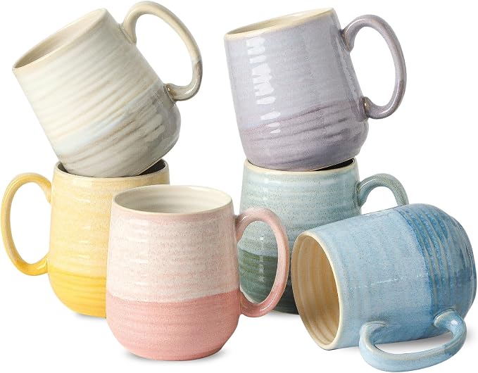 HASENSE Porcelain Coffee Mugs Set of 6, 15oz Large Ceramic Cups with Handle, Microwave & Dishwasher Safe for Latte Tea Cappuccino Gift for Women Men,Colorful