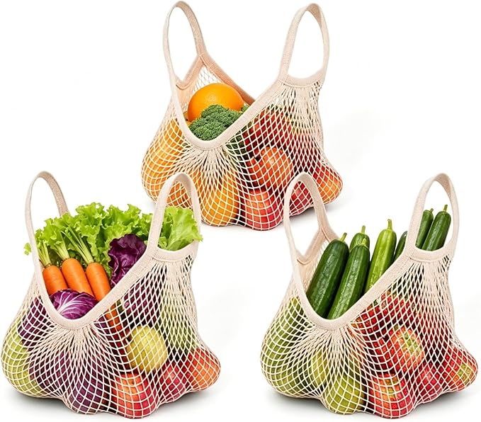 Ahyuan Reusable Cotton Mesh Grocery Bags Cotton String Bag Net Shopping Mesh Bags Pack of 3 (Beige)