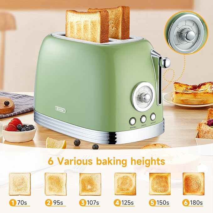 Wiltal Green Cute Retro Toaster 2 Slice with 1.58" Wide Slots, with Stainless Steel Lid, with Warming Rack, Preheat, Defrost, Countdown Timer Display