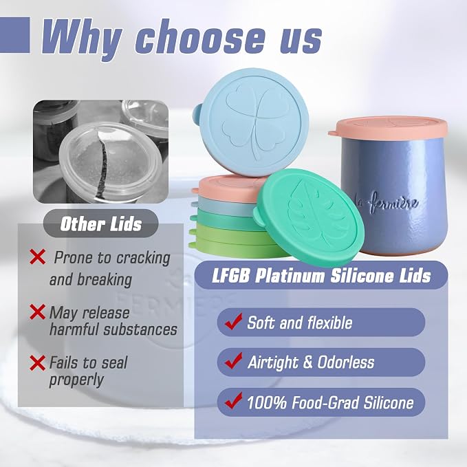 Yogurt Jar Lids for La Fermiere, 8 Pack LFGB Platinum Silicone Covers, Snug Fit Reusable Replacement Lids, Dishwasher Safe