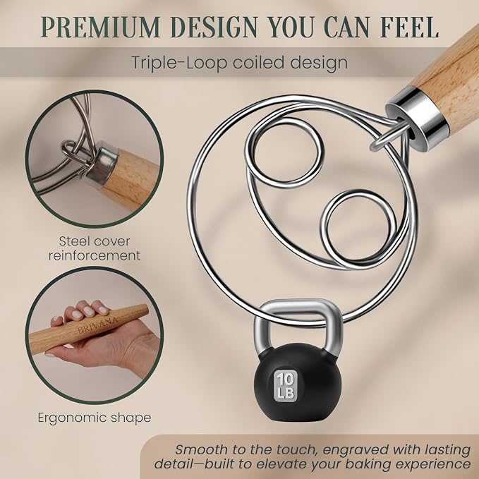 13-Inch Danish Dough Whisk, Double Loop Bread Whisk with Wooden Handle, Stainless Steel Dough Mixer for Sourdough Bread, Pizza Dough, Batter and Pastry