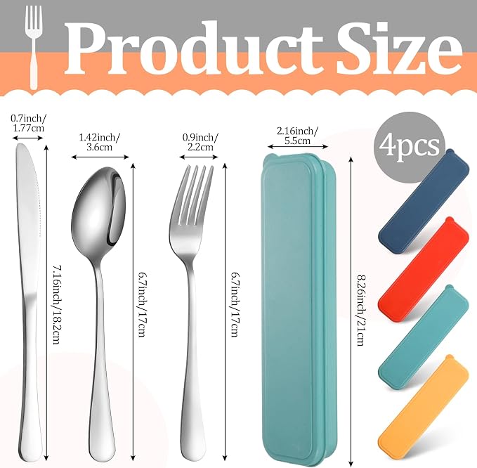 4 Pack Travel Silverware Set with Case for Lunch,Red | Reusable Utensils with Case, Portable Flatware, Camping Cutlery, Fork Spoon Knife, for Work School, Dishwasher Safe