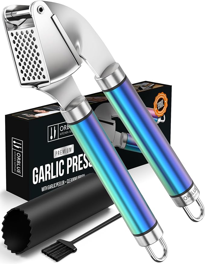 ORBLUE Garlic Press and Peeler Set, Stainless Steel - Professional Grade Mincer, Crusher - Dishwasher Safe & Rust-proof, Multi-colored