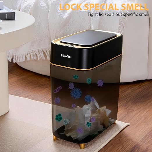 Pukomc Motion Sensor Wastebasket,2.3 Gallon Bathroom Trash can with lid | Touchless Smart Plastic Slim Wastebasket,Quiet Close Waste Bin for Bathroom,Office,RV,Bedroom,Living Room