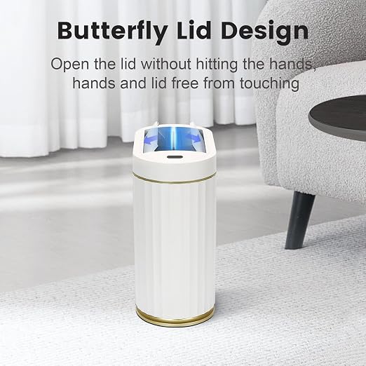 SYNCVIBE Bathroom Sensor Trash Can, 2 Gallon, Butterfly Lid, White Gold | Automatic Garbage Can, IPX5 Waterproof Slim Trash Bin, Under-Counter Wastebasket for Bedroom, Ling Room and Kitchen