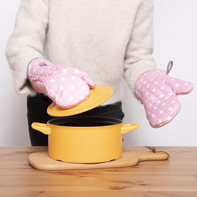 NEOVIVA Kitchen Oven Mitts for Adults,Heat Resistant Cotton Oven Gloves | Set of 2,for Cooking,Baking,Kitchen Gloves for Farmhouse Restaurant,Polka Dots Pink