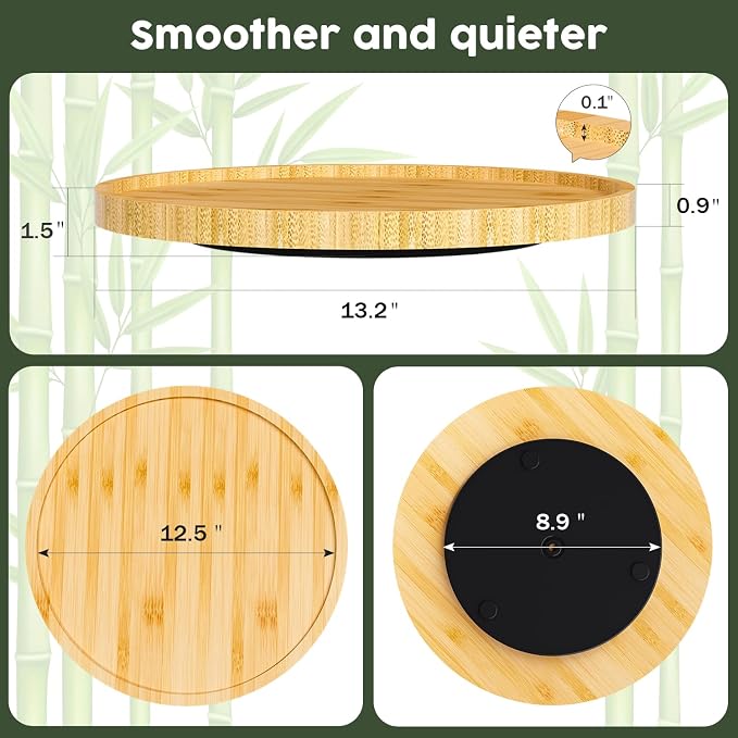 Lazy Susan Organizer, 13.2 Inch Non-Skid Bamboo Turntable | Kitchen Table Cabinets Closets and Kitchen Islands, Wood Turntable for Kitchen Countertop Organizer