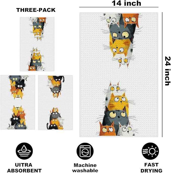 3 Pcs Cute Cat Kitchen Towels, Funny Cats Gifts Absorbent Hand Towels-05 | Cat Dish Cloths for Drying Dishes, Cats Waffle Dish Towels for Kitchen Home Bathroom Decor, Cat Lover Gifts for Women Mom