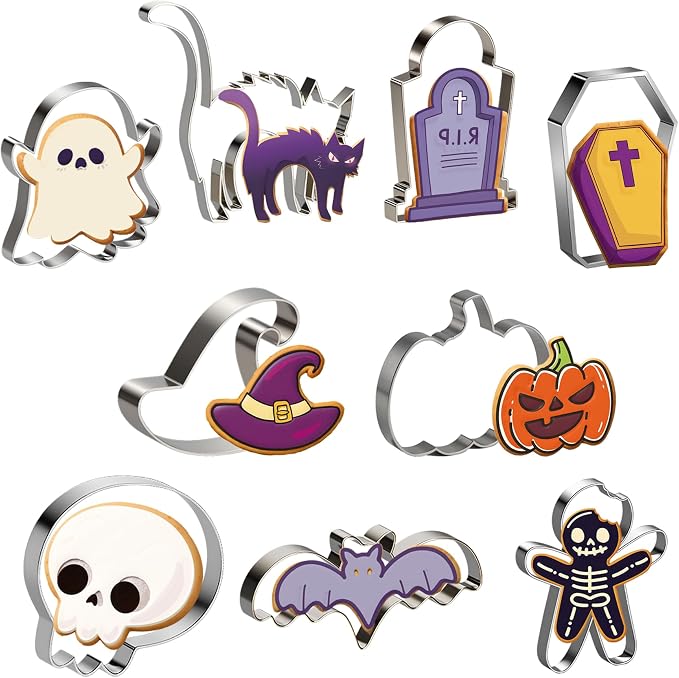 OHOME 9 PCS Halloween Cookie Cutters Kit Halloween Party Favors - Shaped in Bat Ghost Cat Pumpkin Coffin | Stainless Steel Halloween Party Decorations Food Baking Supplies for Kitchen