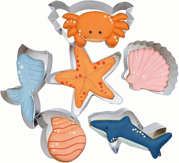 6 PCS Mermaid Cookie Cutters, Mermaid Tail,Starfish,Seashell, Shark, Crab Shapes Summer Themed Biscuits Molds Stainless Steel Metal Cutter for Kids Birthday Party Holidays