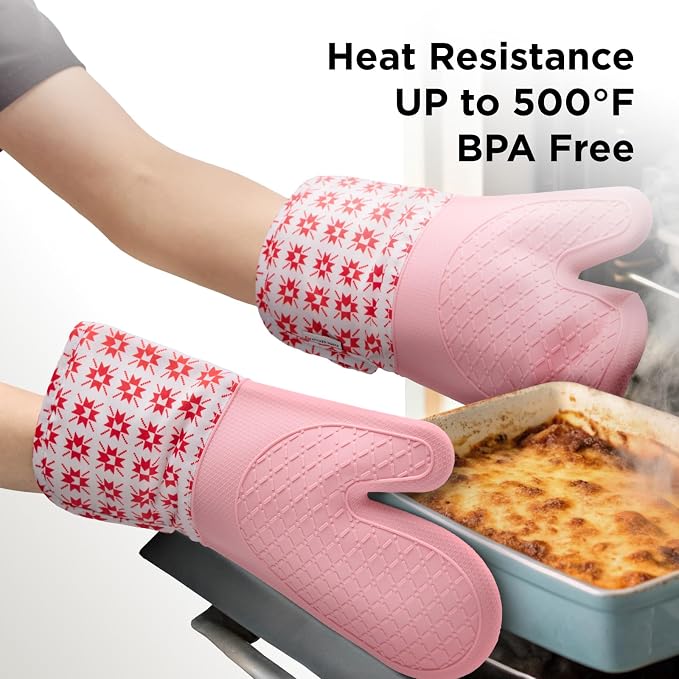 Kitchen Mama UltraShield Silicone Oven Mitts, Gem-Red | Heat Resistant, Non-Slip Surface, Waterproof, Flexible, Durable