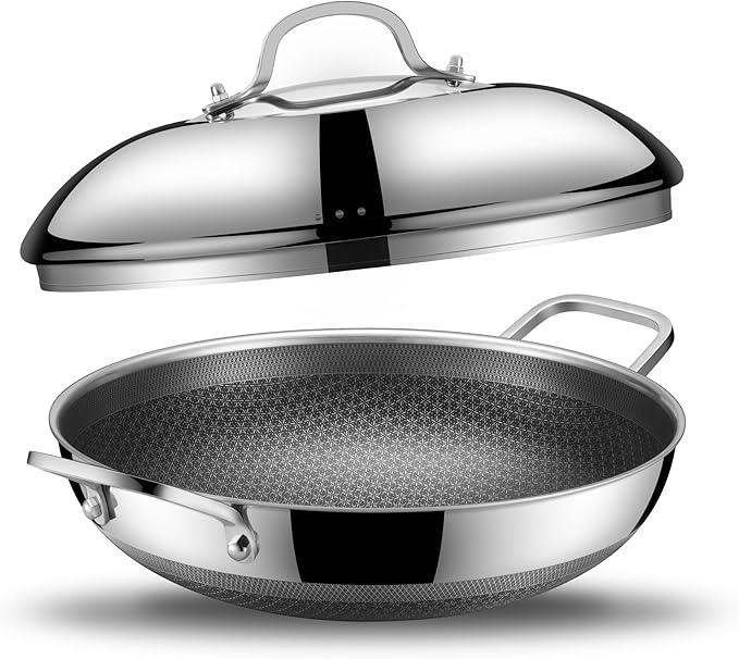 SNOWCLAD Wok, 13 Inch Hybrid Woks & Stir-fry Pans Nonstick with Double Handles, Non Toxic Stainless Steel Wok Pan with Lid, Dishwasher Induction Oven Broiler Safe