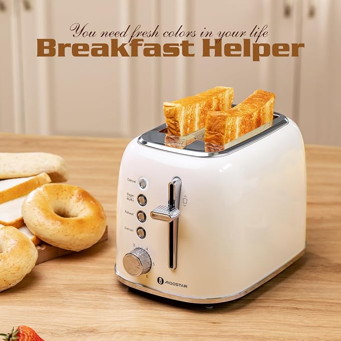 Aigostar Toaster 2 Slice, Retro Extra-Wide Slot, Cream White | Best Rated Prime, For Toasting Bagels, Breads, Waffles & More, Cancel, Defrost & 6 Browning, Removable Crumb Tray