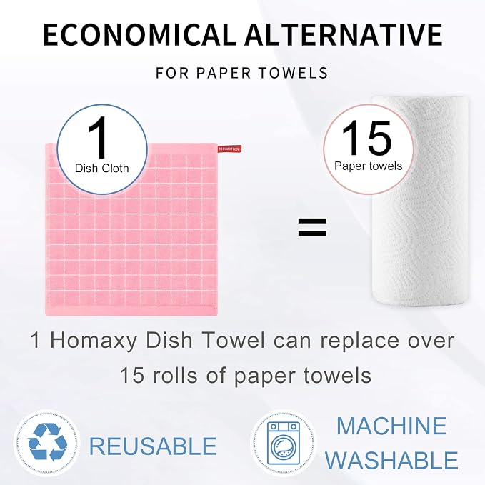 Homaxy 100% Cotton Terry Kitchen Dish Cloths, 6 Pack, Pink | Ultra Soft and Absorbent, Suitable for Drying and Washing Dishes