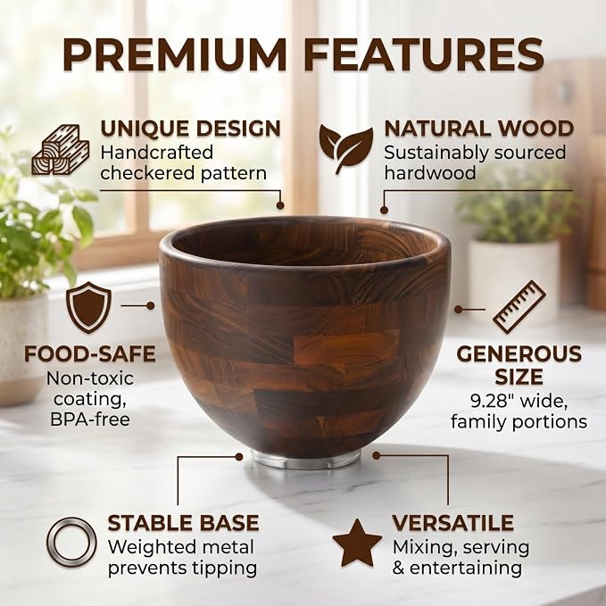 Walnut Wooden Mixing Bowl Compatible with 4.5 & 5 QT Tilt-Head Stand Mixers, 5 Quart Natural Wood Dough Bowl for Baking, Kitchen Prep & Serving
