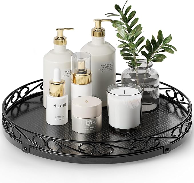 13" Lazy Susan Turntable Organizer for Table Top, Wood Lazy Susan Cabinet | Farmhouse Rotating Decor Tray for Dining Table, Pantry, Kitchen Countertop, Spice, Bathroom Vanity, Round Patterned Rim,Black