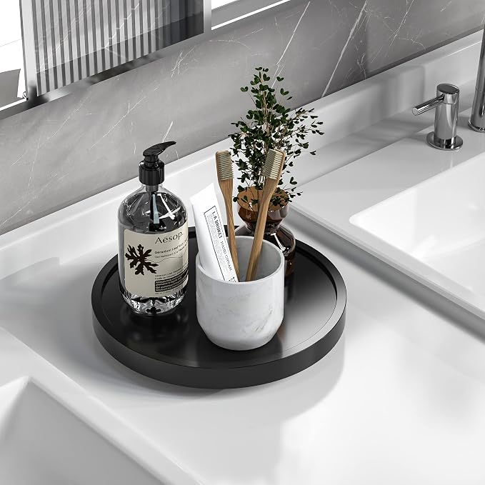 Turntable Vanity Tray, 9 Inch Bamboo Kitchen Sink Countertop Organizer | Perfume Candle Tray, Keep Glass Sponge and Soap, Bathroom Countertop Organizer, Black