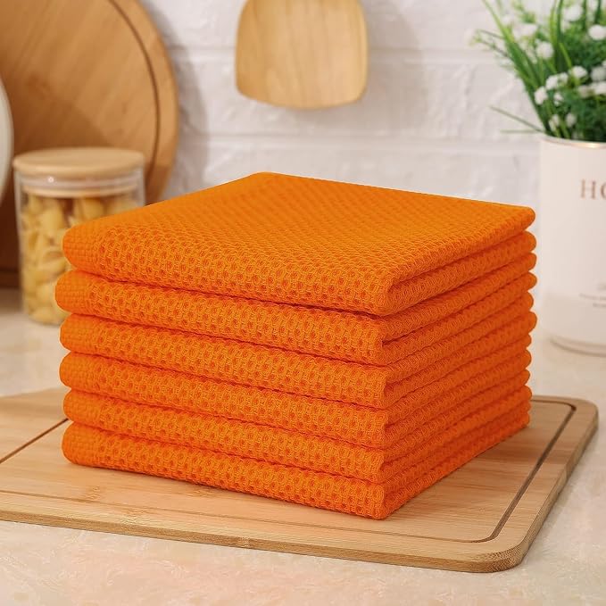 Kitinjoy 100% Cotton Waffle 12-Pack Kitchen Towels, 12" x 12", Orange | Ultra Absorbent, Super Soft, lightweight, Quick Drying Dish Rags for Washing Dishes