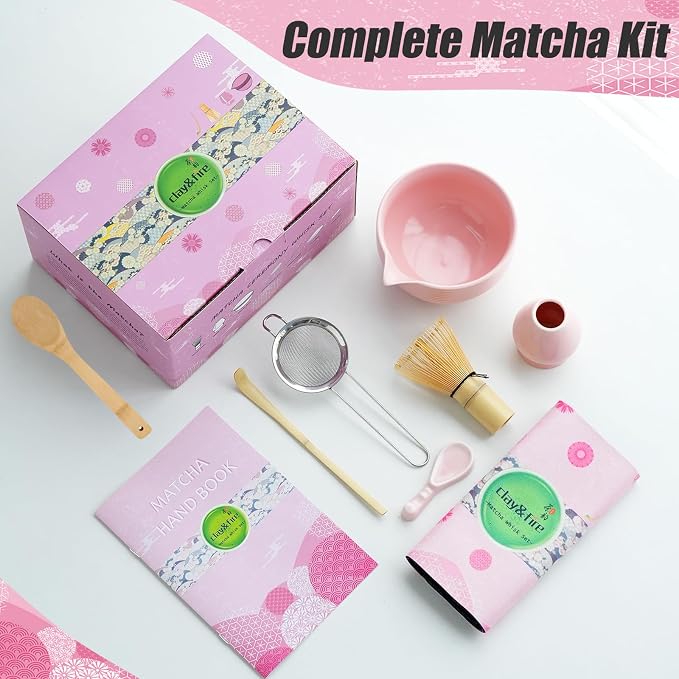 Clay&Fire Matcha Whisk set, 9 pcs Handcrafted Matcha Set for Beginner | Matcha Bowl with Spout and Whisk, Matcha Tea Kit for Matcha Lovers, Ideal Gift for Friend (Light pink)