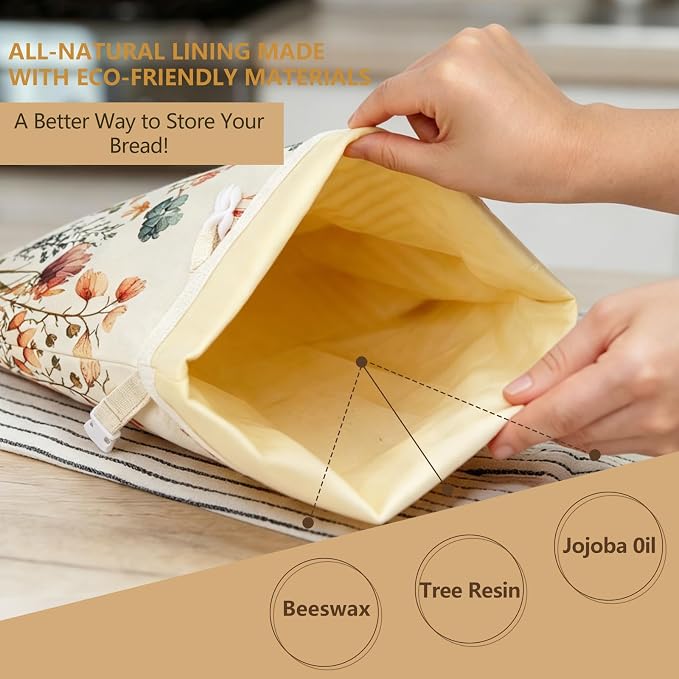 Reusable Beeswax Bread Bags for Homemade Bread & Sourdough, 2-Pack XL Airtight Food Storage Bags, Organic Cotton Linen Covers - Freezer-Friendly Freshness Preservation Keeps Fresh Longer