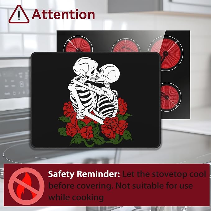 Skull Red Rose Electric Stove Top Cover Protector,Flowers Skeleton Glass Flat Top Stove Mat,Heat-Resistant Oven Induction Cooktop Mat for Ceramic Countertop Mats Dish Drying Mat