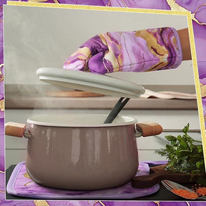 Leinuosen 8 Pcs Purple and Gold Marble Kitchen Towels and Dishcloths Sets Oven Mitts and Pot Holders Absorbent Kitchen Gloves Potholders Heat Resistant for Chef Baking Cooking