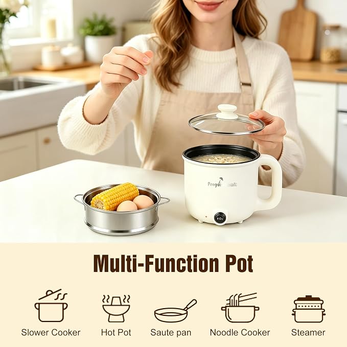 Electric Hot Pot with Steamer, 1.8L Mini Portable Hot Pot with 300W&600W Dual Power for Egg Ramen Oatmeal Soup Noodles, Overheat Protection for College Dorm Room Essential