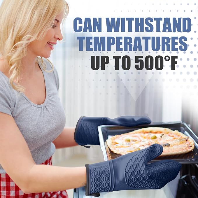 Silicone Oven Mitts, Heat Resistant 2PCS Oven Mitts with Soft Cotton Lining, Waterproof Non-Slip Grip Oven Glove, Kitchen Potholder Mits for BBQ, Baking, Cooking, 12.5 Inch - Dark Blue