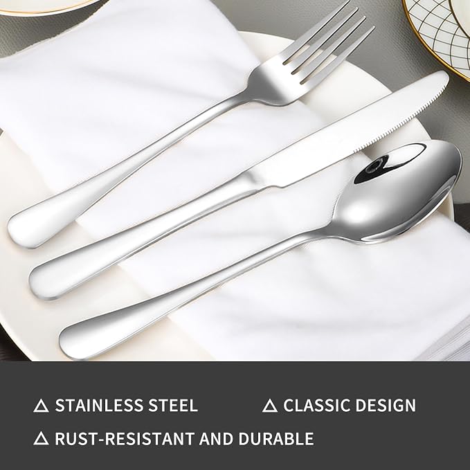 60-Piece Silverware Set with Steak Knives Stainless Steel Flatware Set for 10 Food Grade Tableware Cutlery Set Rust-proof, Mirror Polished, Dishwasher Safe