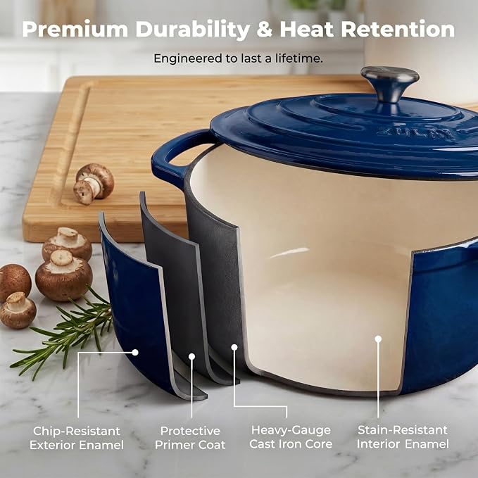 Zulay Kitchen 6.4QT Enameled Cast Iron Dutch Oven Pot with Lid, Heavy-Duty Soup Pot for Stews, Braising, Roasting & Sourdough Bread Baking, Oven Safe up to 500°F - Lapis Lazuli