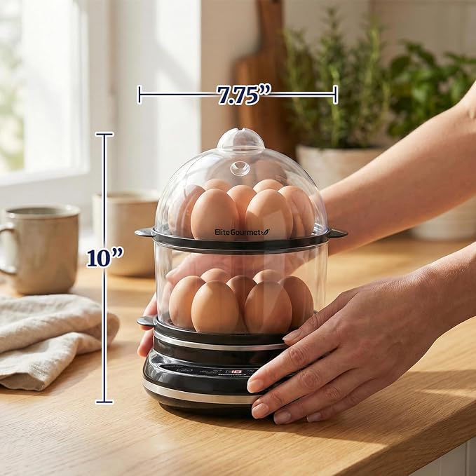 Elite Gourmet EGC314CB Digital Egg Cooker & Food Steamer, 14-Egg, Black | 6 programmed presets for poaching, omelets, and soft, medium, or hard-boiled eggs - 2-tier design with measuring cup