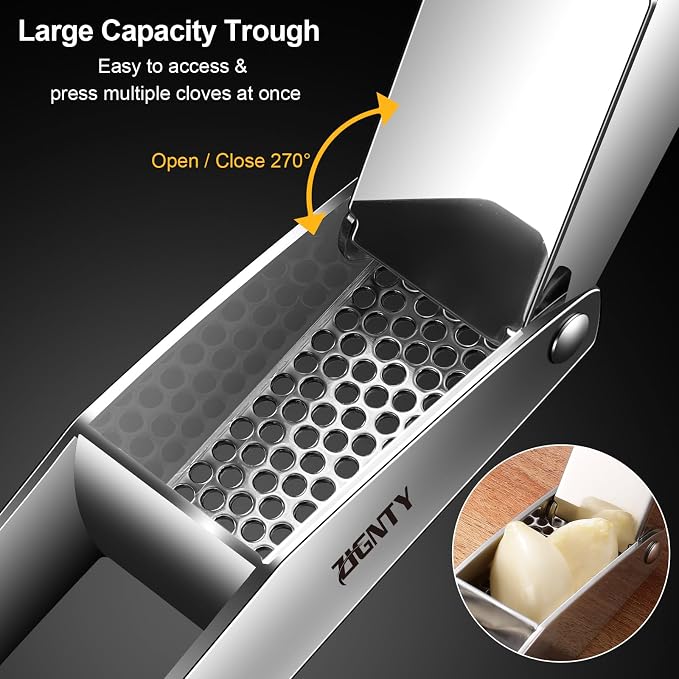 Garlic Press Stainless Steel, No Need to Peel Garlic Mincer Tool | Professional Garlic Presser & Masher, Large Trough, Efficient Dual Lever-Assisted, Rust Proof, Easy Clean, Dishwasher Safe