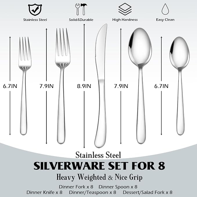 E-Far Silverware Set for 8, 40-Piece Heavy Duty Stainless Steel Forks and Spoons Flatware Set, Metal Eating Utensils Cutlery for Home Kitchen, Mirror Polished & Dishwasher Safe