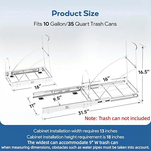 Pull Out Trash Can Under Cabinet & Under Sink, Heavy Duty Slider Organizer | Adjustable Cabinet Garbage Can Rack, Fits 30-40Qt Bins, Requires 13"W x 18"D Cabinet Opening, Chrome Finish, Can Not Included