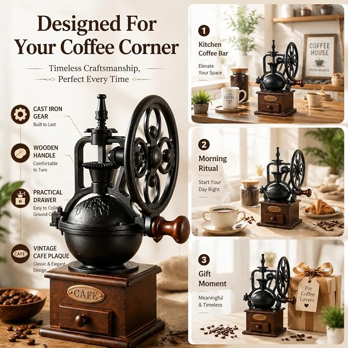 Vintage Manual Coffee Grinder Maker - High Hardness Ceramic Core Coffee Bean Grinder With Solid Wood Base And Drawer Powder Box Classic Coffee Grinders For Home Use